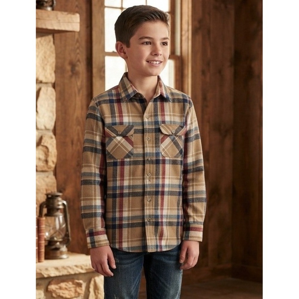 VTG Arrow Kids Boys Plaid Button Down Flannel Shirt Quilted Lined Sz 14 Tan Blue